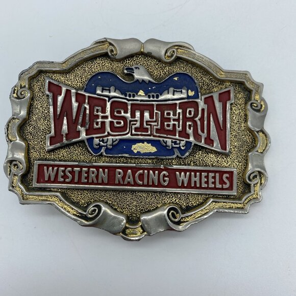 Western Racing Wheels Belt Buckle Vintage 1970's Brass 3.5x2.75 - Picture 2 of 8